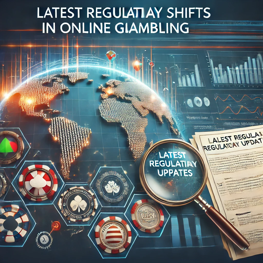 A collage displaying various national flags, legal documents, and digital casino interfaces, representing the global impact of online gambling regulations