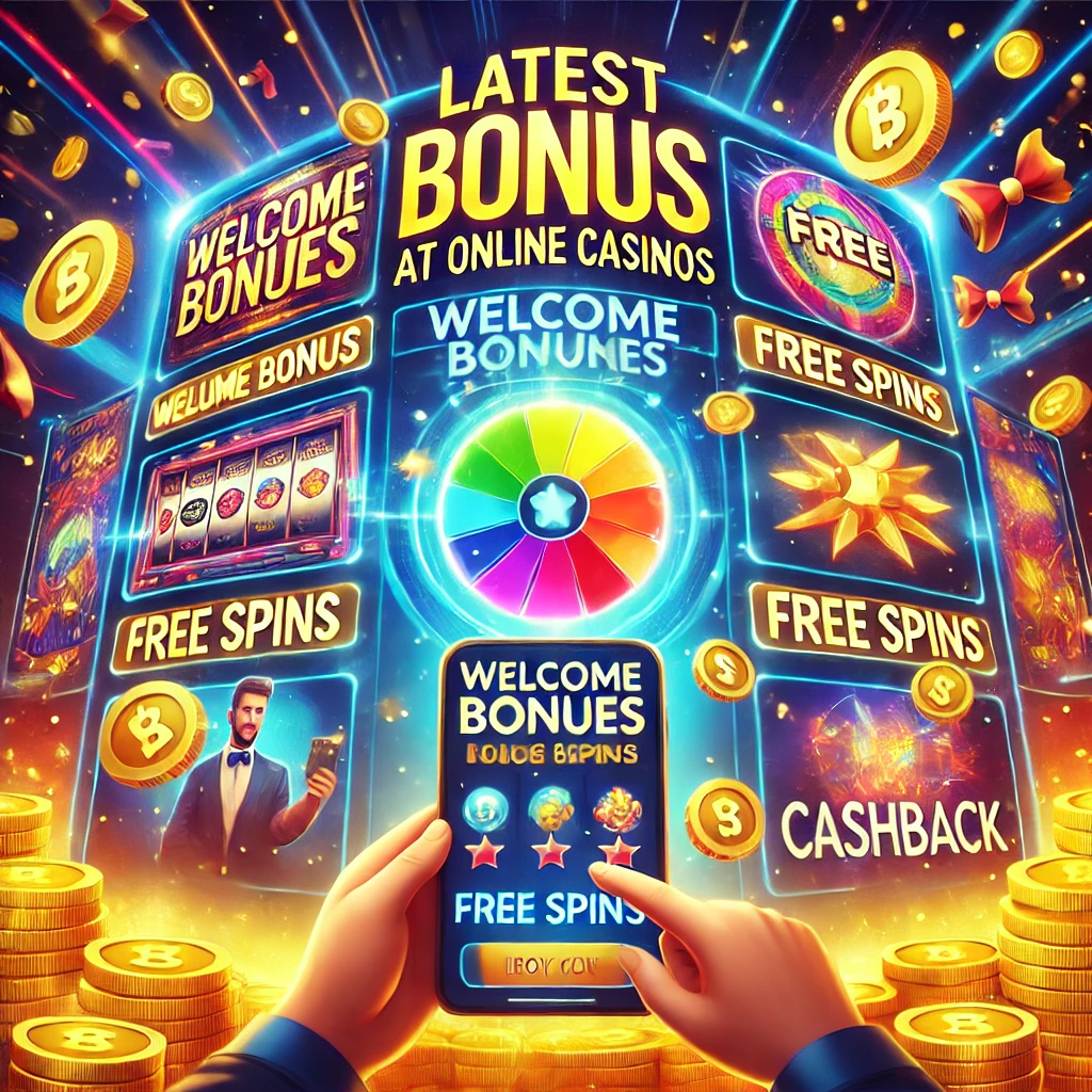 A collage showcasing various casino games and bonus icons, including slot machines, roulette wheels, and golden coins with percentage marks, representing the latest bonus offers in online casinos