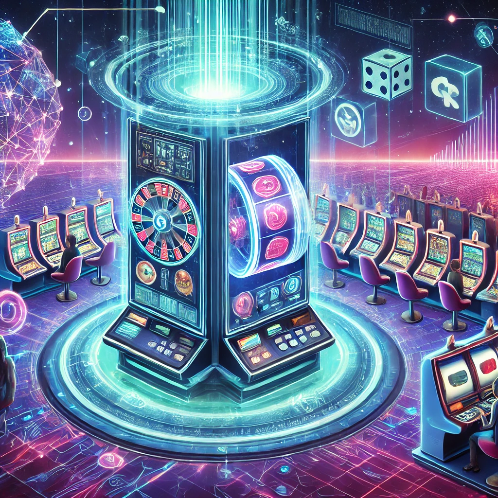 A futuristic casino floor featuring advanced slot machines with VR headsets and 3D displays